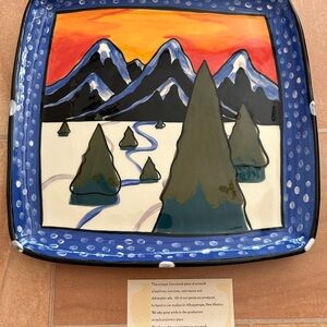 NWT Handmade Painted Snowy Mountain Range Landscape Square Ceramic Plate